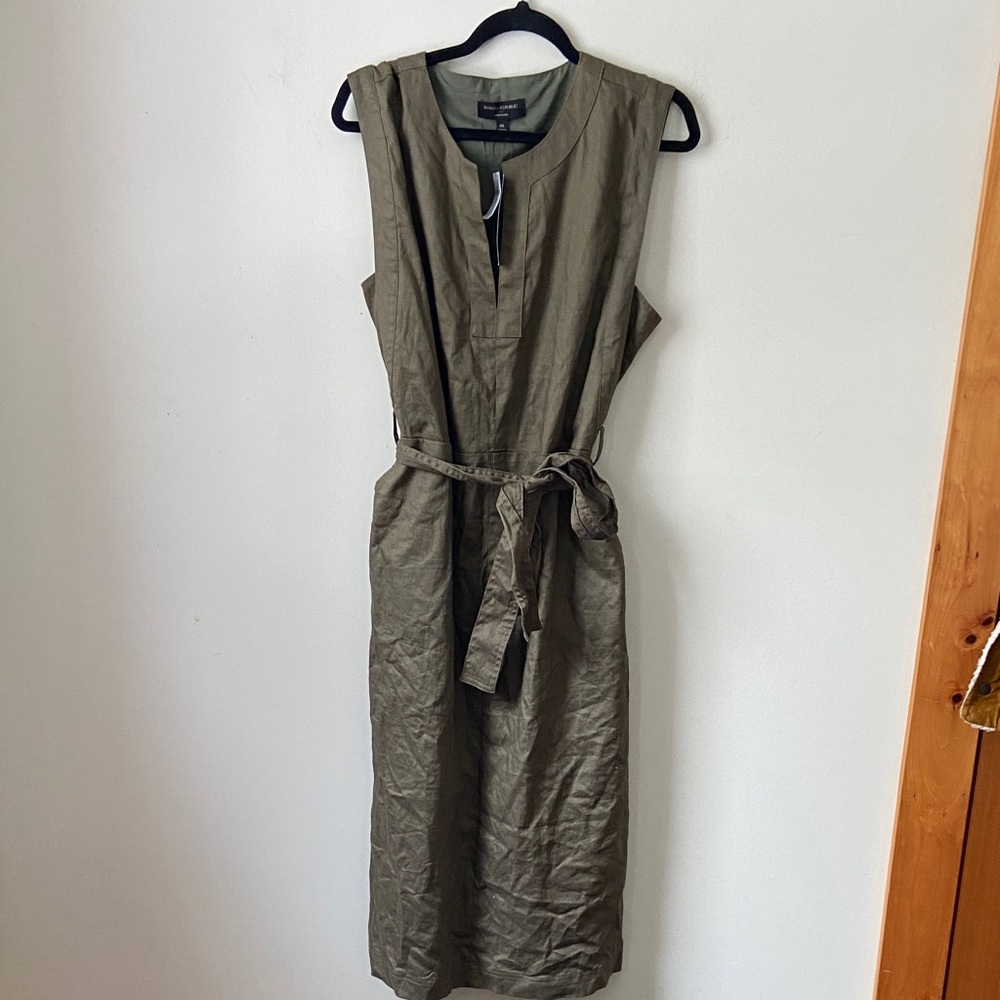 NWT Banana Republic Olive Midi Rare Linen Blend Wrap Tie Dress